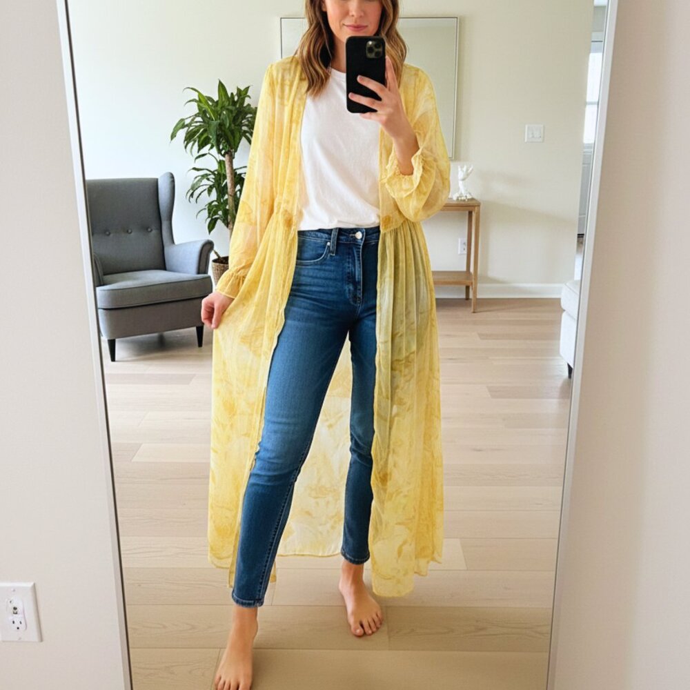 Express Yellow Sheer Kimono Duster M/L Watercolor Floral